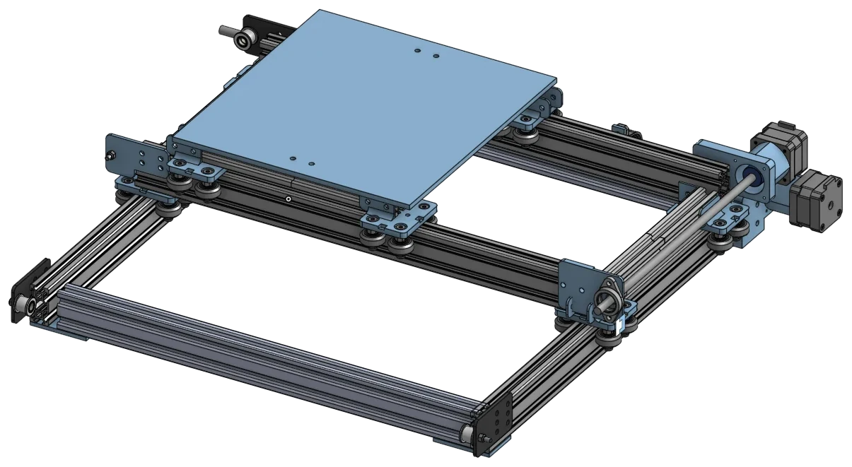 CAD render of the X–Y gantry: an extrusion frame on V-wheel carriages, a flat carriage plate, lead screws and two stepper motors