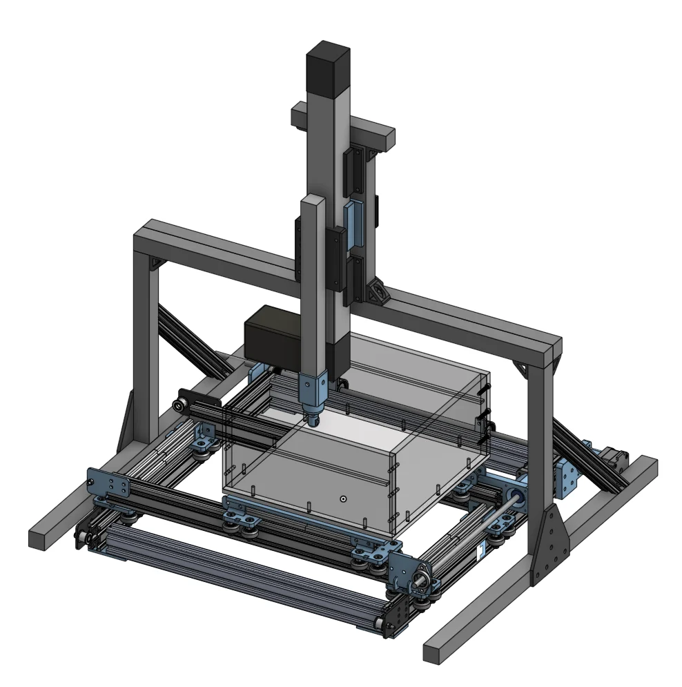 CAD render of the test setup: the gantry carrying a clear soil box under a vertical linear actuator mounted on a steel frame