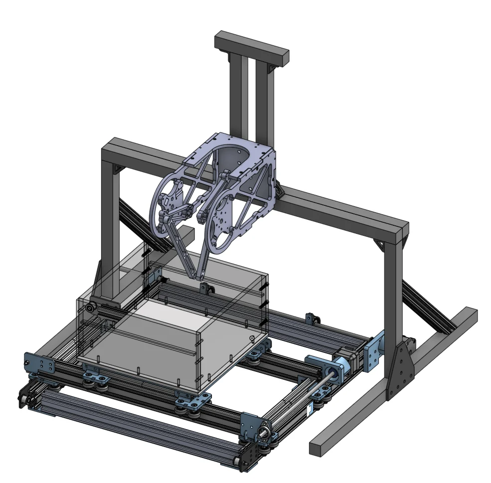 CAD render of the same setup with the Traveler robot leg mounted above the soil box