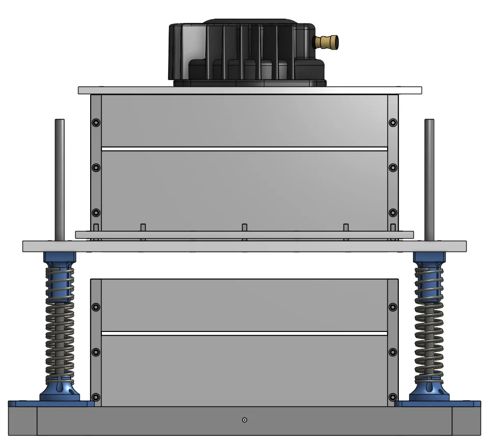 Front view CAD render of the shaker box stack