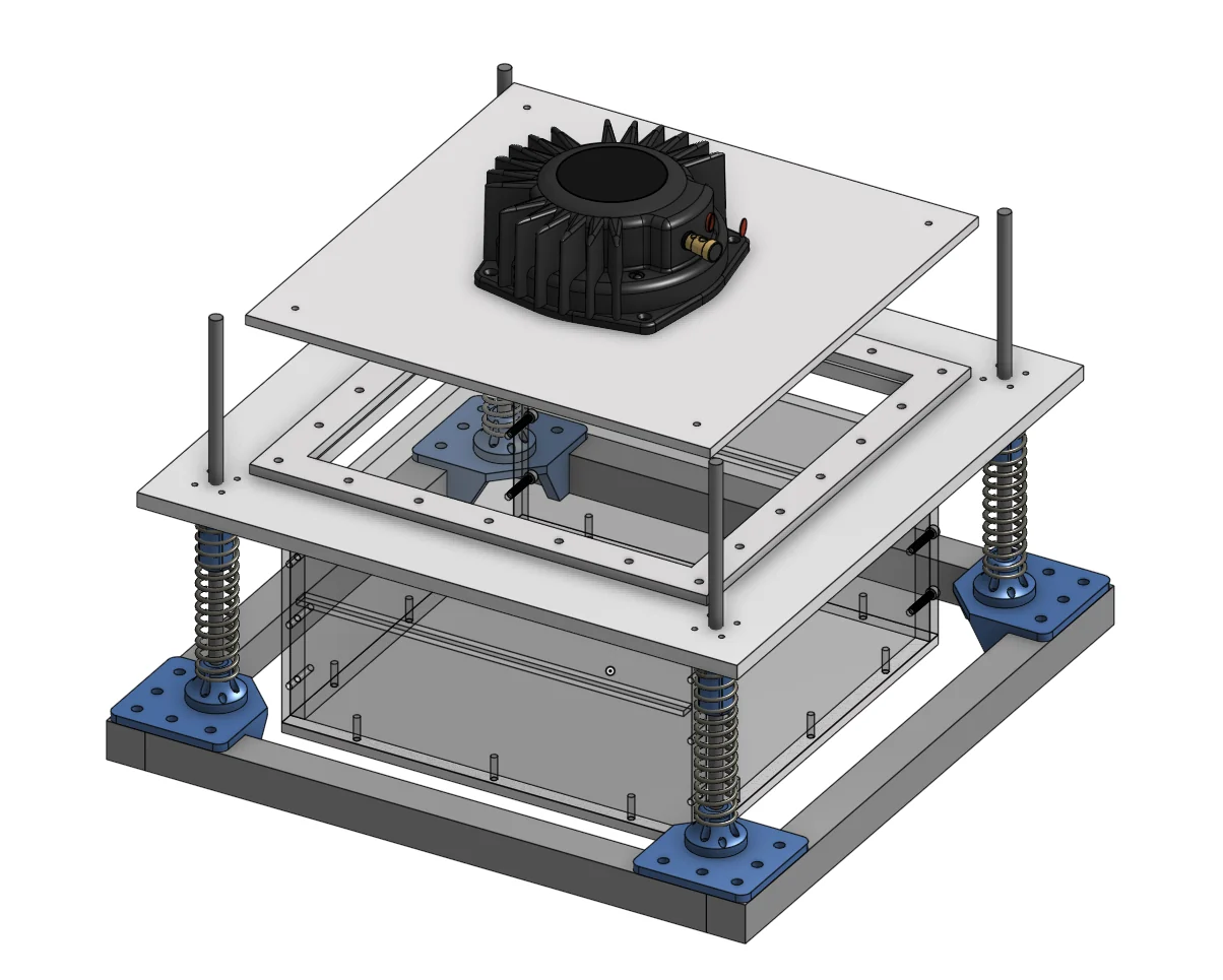 CAD render of the shaker box: a bass shaker on a plate above a spring-supported platform and a clear sand box